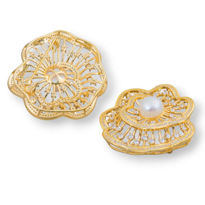 Broche En Laiton Avec Perles De Rivière Et Zircons Fantaisie Spirale 45x50mm