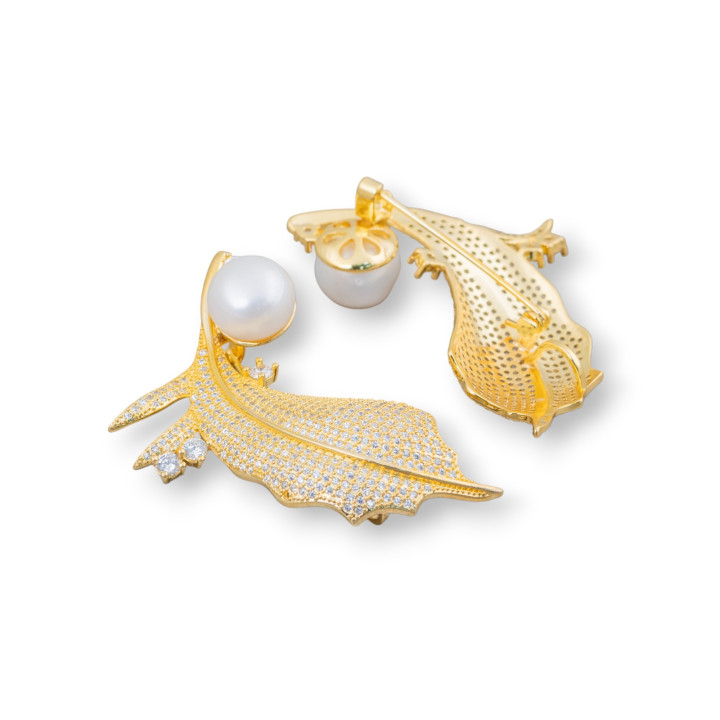 Broche De Latón Con Perlas De Río Y Circonitas Hoja 40x50mm