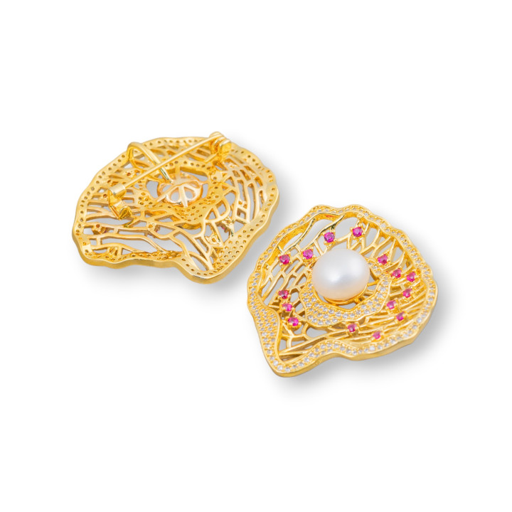 Brass Brooch With Shell Zircons 38x43mm