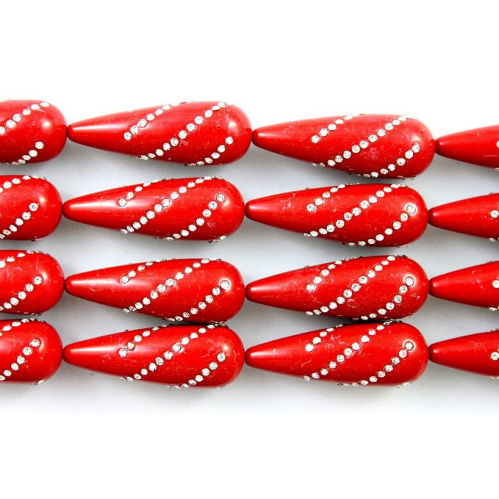 Drop 2 Holes With Rhinestones 15x40mm Red Coral Paste 10pcs