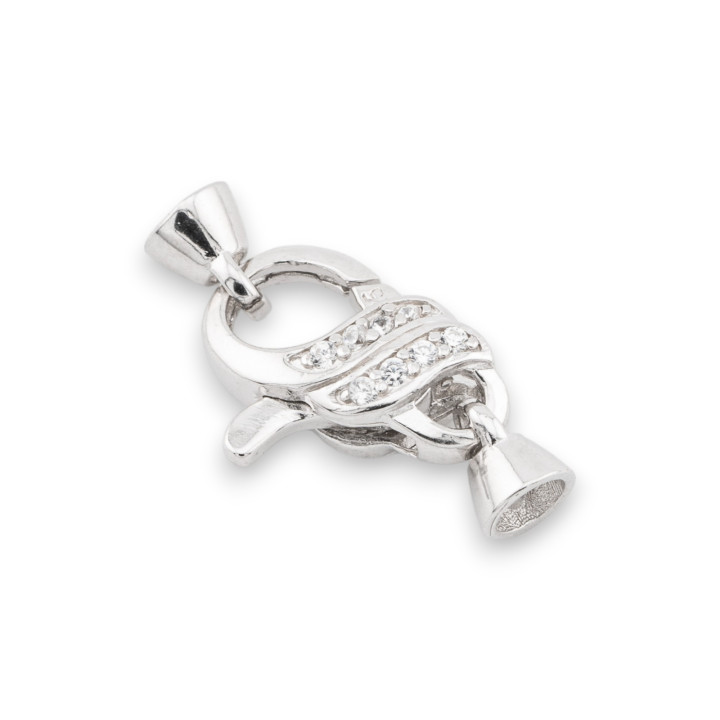Chiusura Di Argento 925 Moschettone Con Zirconi 12x24mm Coppette Da 5mm Rodiato