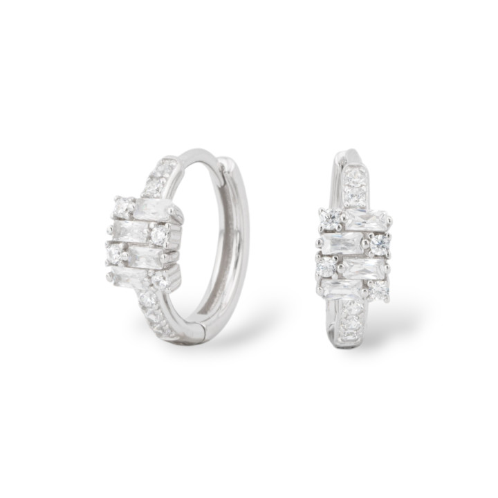 Closed Stud Earrings Of 925 Silver With Micropave' Zircons 5.5x16mm 1 Pair White Rhodium Plated