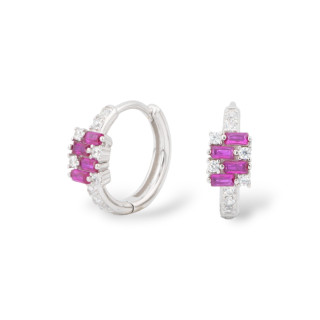 Boucles D'Oreilles Fermées En Argent 925 Avec Micropave' Zircons 5,5x16mm 1 Paire Rouge Rubis Plaqué Rhodium