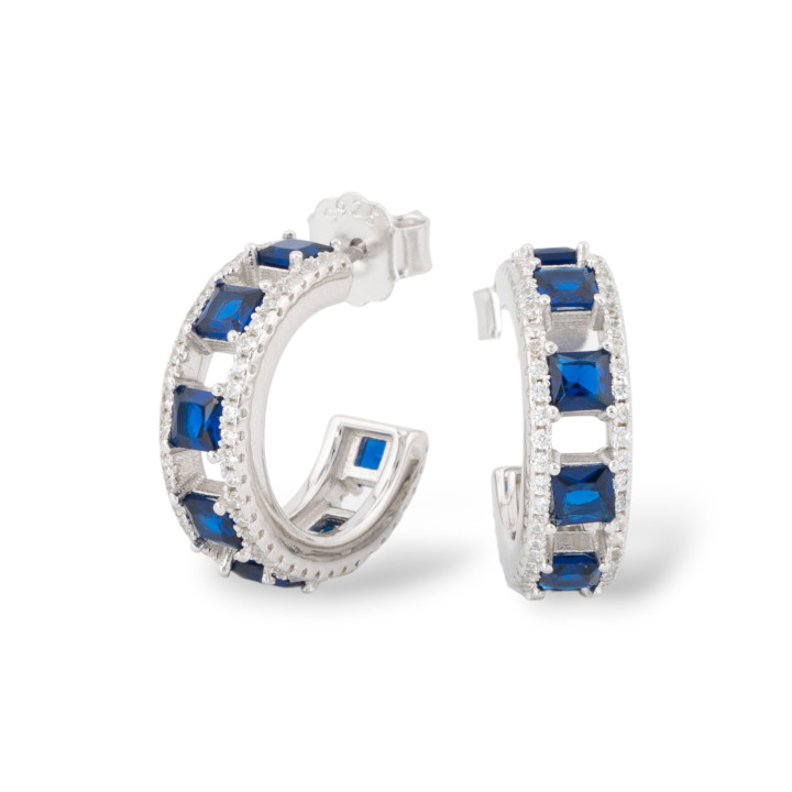 Boucles d'Oreilles Puces Argent 925 Avec Zircons Micropavés 5.5x18mm 1 Paire Rhodié Bleu Saphir