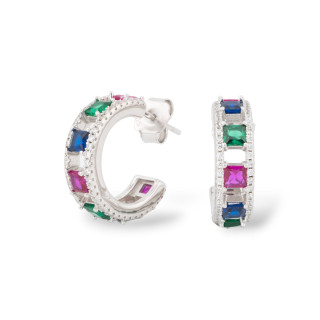 925 Silver Stud Earrings With Micropave' Zircons 5.5x18mm 1 Pair Rhodium-Plated Multicolor