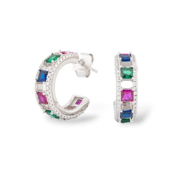 Orecchini Perno Di Argento 925 Con Zirconi Micropave' 5,5x18mm 1 Paio Rodiato Multicolor