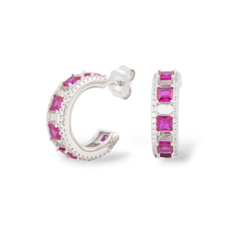 925 Silver Stud Earrings With Micropave' Zircons 5.5x18mm 1 Pair Ruby Red Rhodium Plated