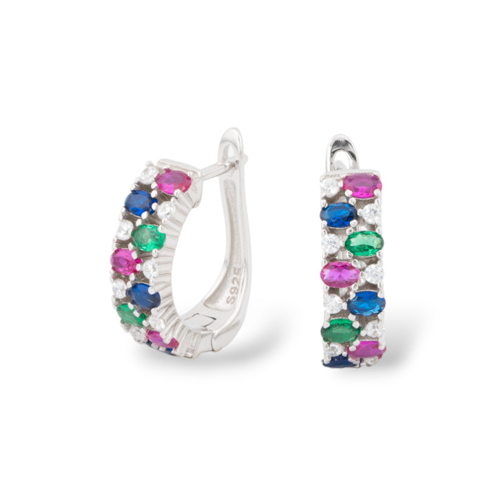 Orecchini Perno Chiuso Di Argento 925 Con Zirconi Micropave' 5x15,5mm 1 Paio Rodiato Multicolor