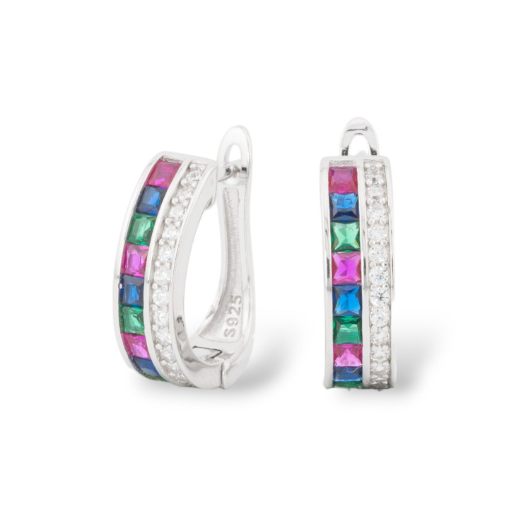 Orecchini Perno Chiuso Di Argento 925 Con Zirconi Micropave' 5x15,5mm 1 Paio Rodiato Multicolor