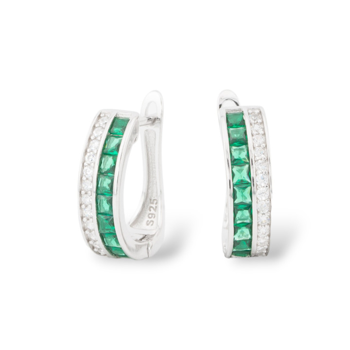 Orecchini Perno Chiuso Di Argento 925 Con Zirconi Micropave' 5x15,5mm 1 Paio Rodiato Verde Smeraldo