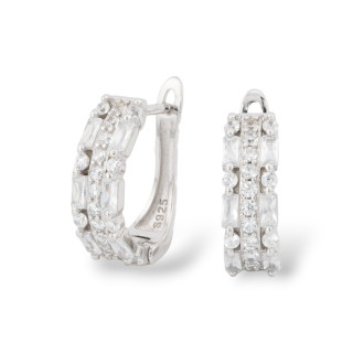 Closed Stud Earrings Of 925 Silver With Micropave' Zircons 5x16mm 1 Pair White Rhodium Plated