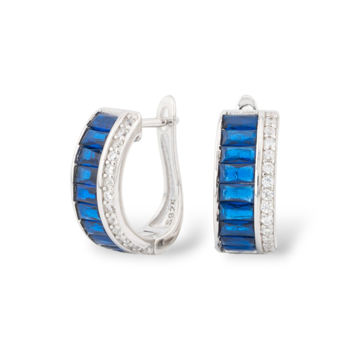 Orecchini Perno Chiuso Di Argento 925 Con Zirconi Micropave' 6,5x15,5mm 1 Paio Rodiato Blu Zaffiro