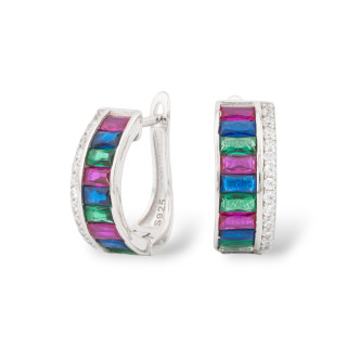 Orecchini Perno Chiuso Di Argento 925 Con Zirconi Micropave' 6,5x15,5mm 1 Paio Rodiato Multicolor