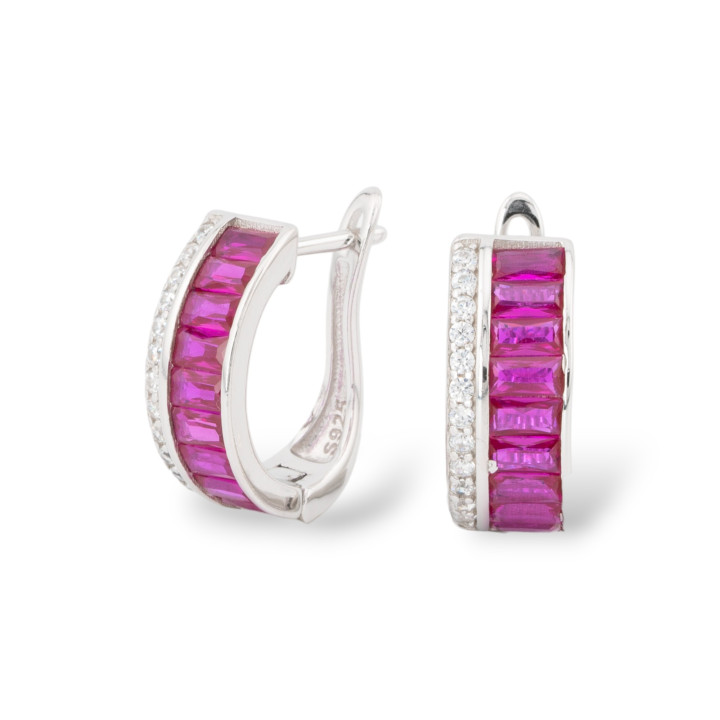 Boucles D'Oreilles Fermées En Argent 925 Avec Micropave' Zircons 6,5x15,5mm 1 Paire Rouge Rubis Plaqué Rhodium