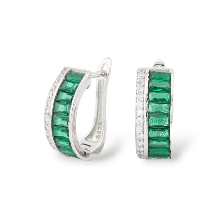 Closed Stud Earrings Of 925 Silver With Micropave' Zircons 6.5x15.5mm 1 Pair Emerald Green Rhodium Plated