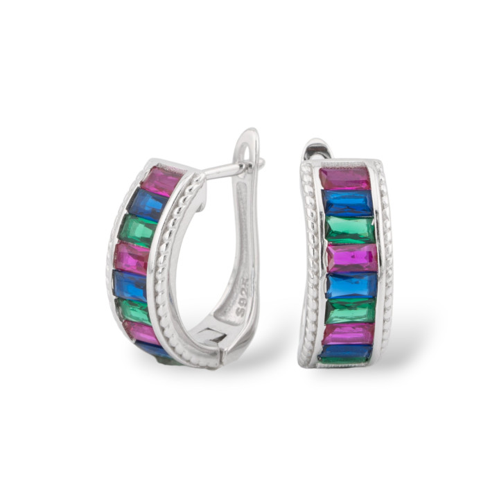 Closed Stud Earrings Of 925 Silver With Micropave' Zircons 6.5x16mm 1 Pair Rhodium-Plated Multicolor