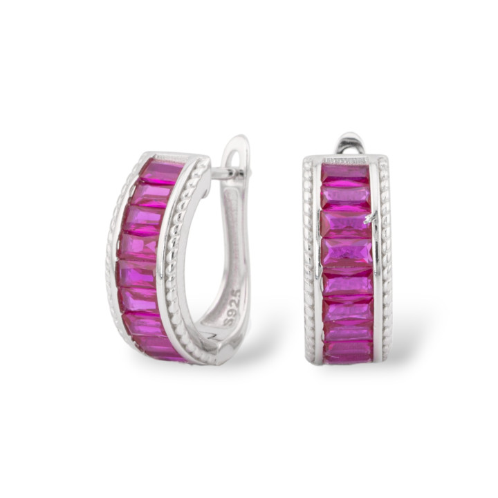 Boucles D'Oreilles Fermées En Argent 925 Avec Micropave' Zircons 6,5x16mm 1 Paire Rouge Rubis Plaqué Rhodium