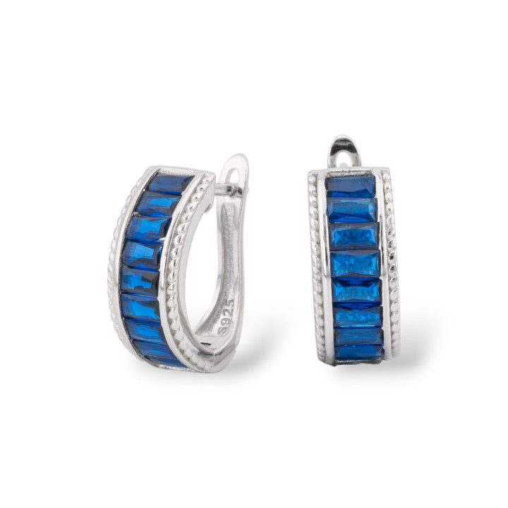 Closed Stud Earrings Of 925 Silver With Micropave' Zircons 6.5x16mm 1 Pair Rhodium-Plated Blue Sapphire