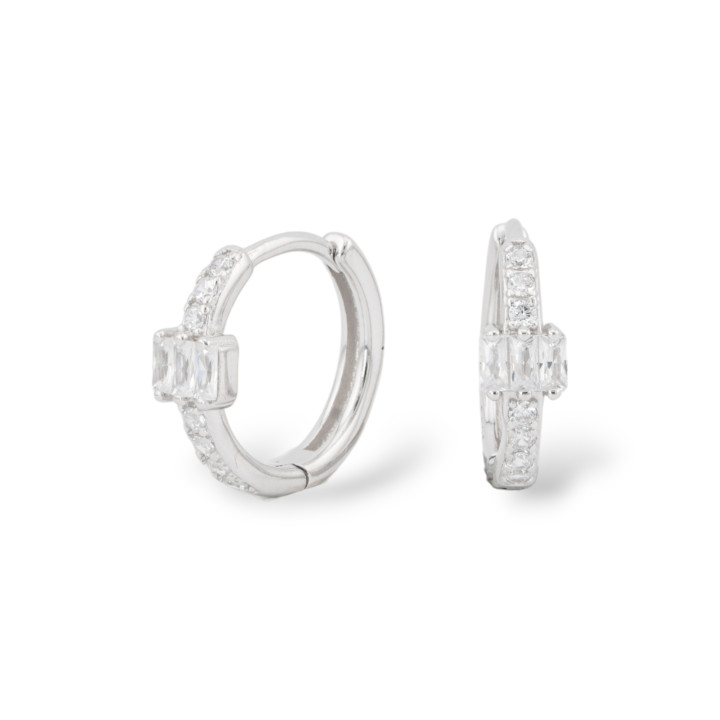 Closed Stud Earrings Of 925 Silver With Micropave' Zircons 6x16mm 1 Pair White Rhodium Plated