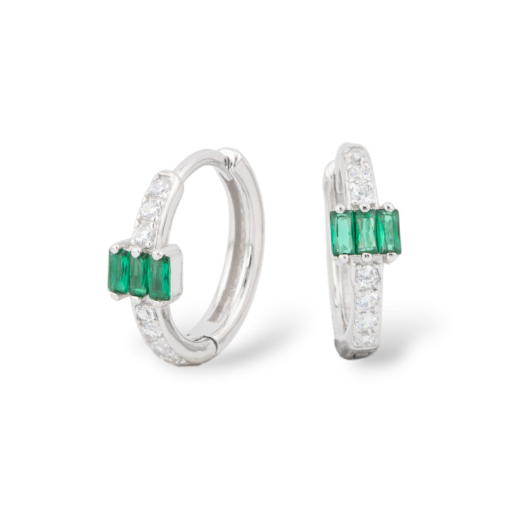 Closed Stud Earrings Of 925 Silver With Micropave' Zircons 6x16mm 1 Pair Emerald Green Rhodium Plated