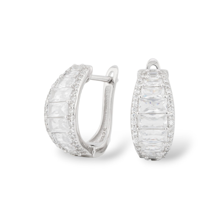 Boucles D'Oreilles Fermées En Argent 925 Avec Micropave' Zircons 8x16.5mm 1 Paire Plaqué Rhodium Blanc