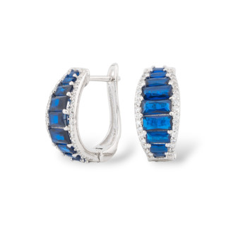 Closed Stud Earrings Of 925 Silver With Micropave' Zircons 8x16.5mm 1 Pair Rhodium-plated Sapphire Blue