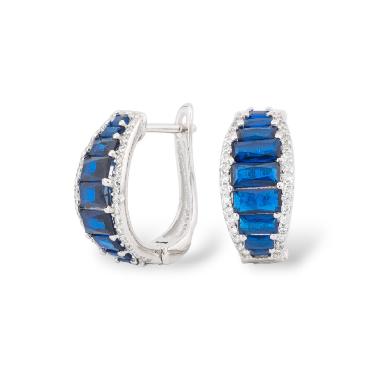 Closed Stud Earrings Of 925 Silver With Micropave' Zircons 8x16.5mm 1 Pair Rhodium-plated Sapphire Blue