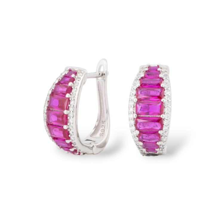 Orecchini Perno Chiuso Di Argento 925 Con Zirconi Micropave' 8x16,5mm 1 Paio Rodiato Rosso Ruby