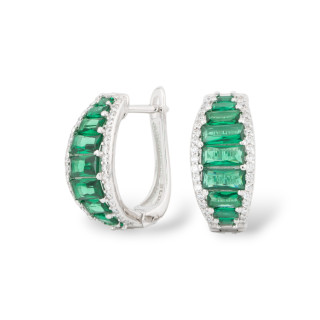 Closed Stud Earrings Of 925 Silver With Micropave' Zircons 8x16.5mm 1 Pair Emerald Green Rhodium Plated