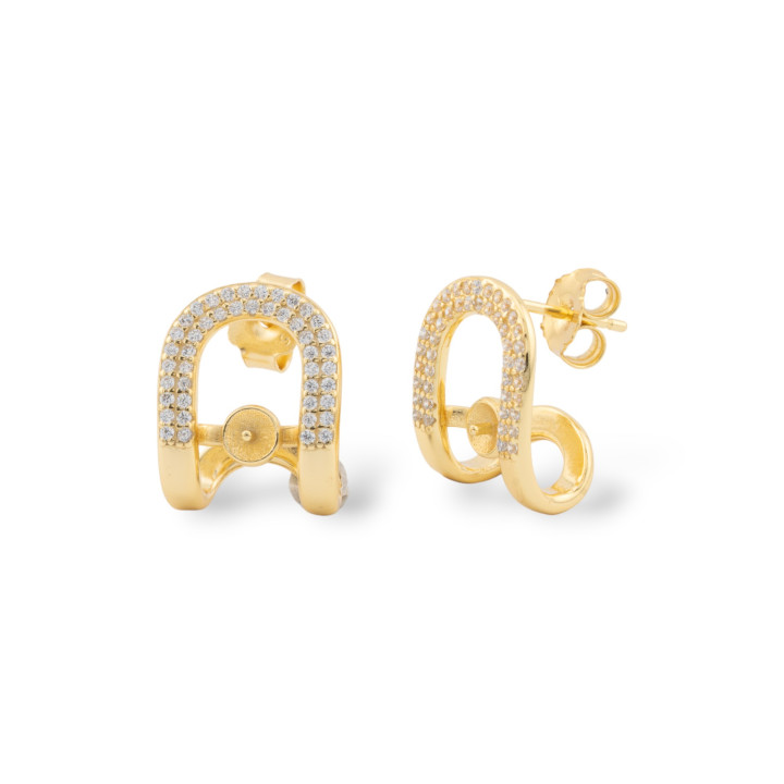 Basi Per Orecchini A Perno Di Argento 925 Fantasia Con Zirconi 12,5x16mm Con Coppetta Per Perle 1 Coppia Dorato