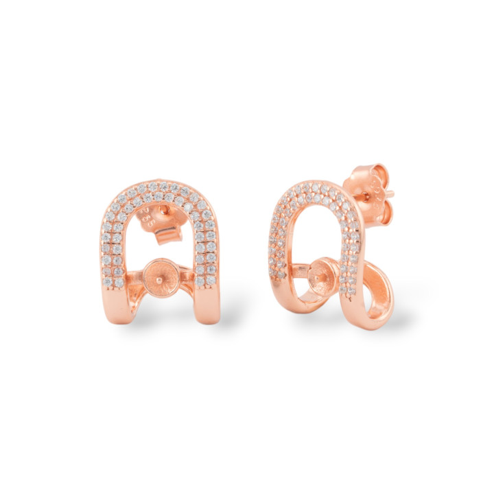 Basi Per Orecchini A Perno Di Argento 925 Fantasia Con Zirconi 12,5x16mm Con Coppetta Per Perle 1 Coppia Oro Rosa