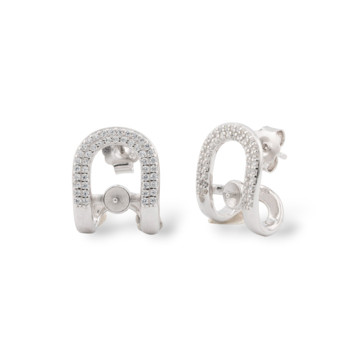 Base Per Orecchini A Perno Di Argento 925 Fantasia Con Zirconi 12,5x16mm Con Coppetta Per Perle 1 Coppia Rodiato