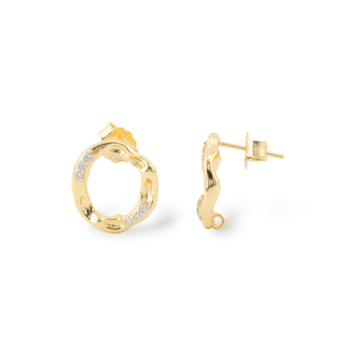 Base Per Orecchini A Perno Di Argento 925 Fantasia Con Zirconi 14x15,5mm 2 Coppie Dorato