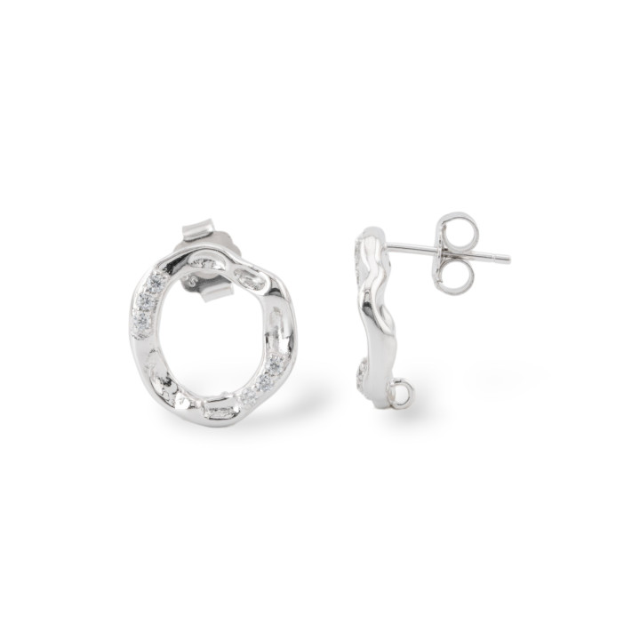 Basi Per Orecchini A Perno Di Argento 925 Fantasia Con Zirconi 14x15,5mm 2 Coppie Rodiato