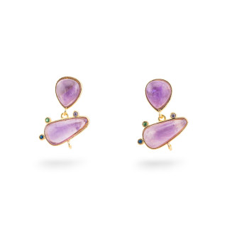 Base Per Orecchini Di Bronzo A Perno Con Pietre Dure E Punti Luce 18x23mm 3 Paia Dorato Ametista