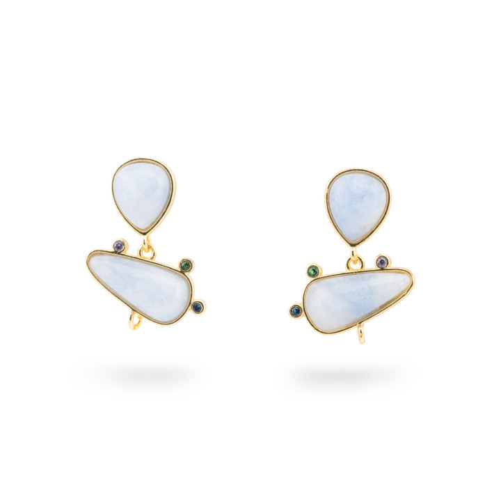 Basi Per Orecchini Di Bronzo A Perno Con Pietre Dure E Punti Luce 18x23mm 3 Paia Dorato Giada Celeste