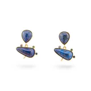 Base Per Orecchini Di Bronzo A Perno Con Pietre Dure E Punti Luce 18x23mm 3 Paia Dorato Lapislazzuli