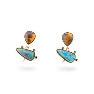 Basi Per Orecchini Di Bronzo A Perno Con Pietre Dure E Punti Luce 18x23mm 3 Paia Dorato Occhio Di Tigre Apatite