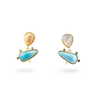 Basi Per Orecchini Di Bronzo A Perno Con Pietre Dure E Punti Luce 18x23mm 3 Paia Dorato Opale Apatite