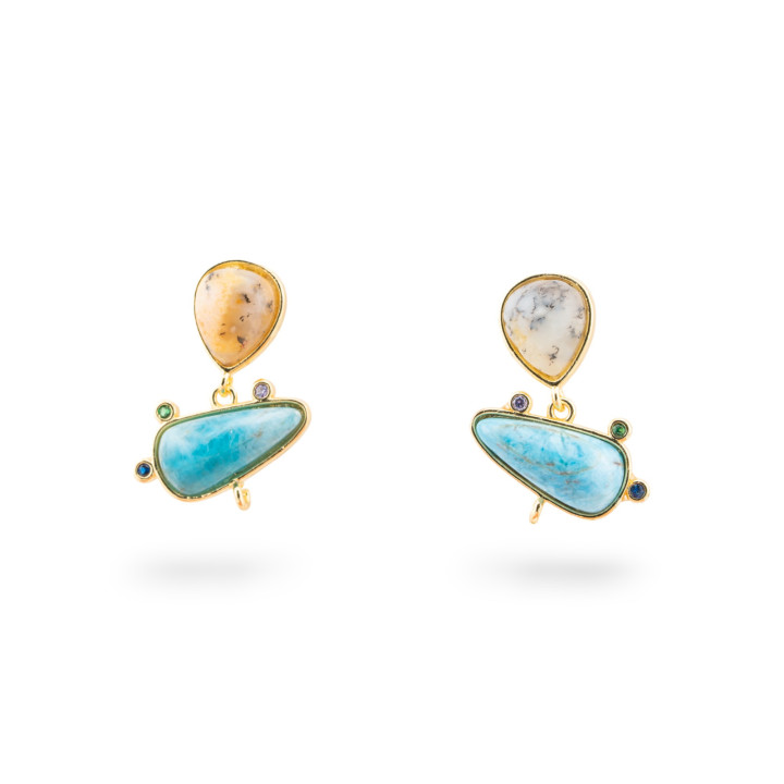 Base Per Orecchini Di Bronzo A Perno Con Pietre Dure E Punti Luce 18x23mm 3 Paia Dorato Opale Apatite