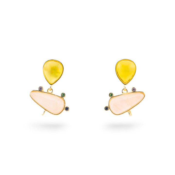 Basi Per Orecchini Di Bronzo A Perno Con Pietre Dure E Punti Luce 18x23mm 3 Paia Dorato Pesca