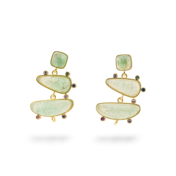 Base Per Orecchini Di Bronzo A Perno Con Pietre Dure E Punti Luce 19x32mm 2 Paia Avventurina Verde