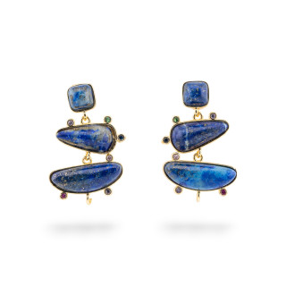 Base Per Orecchini Di Bronzo A Perno Con Pietre Dure E Punti Luce 19x32mm 2 Paia Lapislazzuli