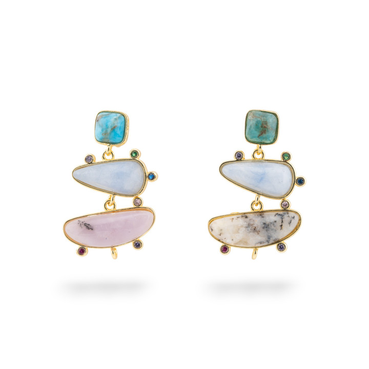 Basi Per Orecchini Di Bronzo A Perno Con Pietre Dure E Punti Luce 19x32mm 2 Paia MIX7