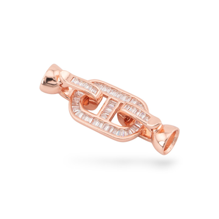 Chiusura A Scatto Di Argento 925 Con Zirconi 10x30mm Con Coppette Da 6mm 1pz Oro Rsa