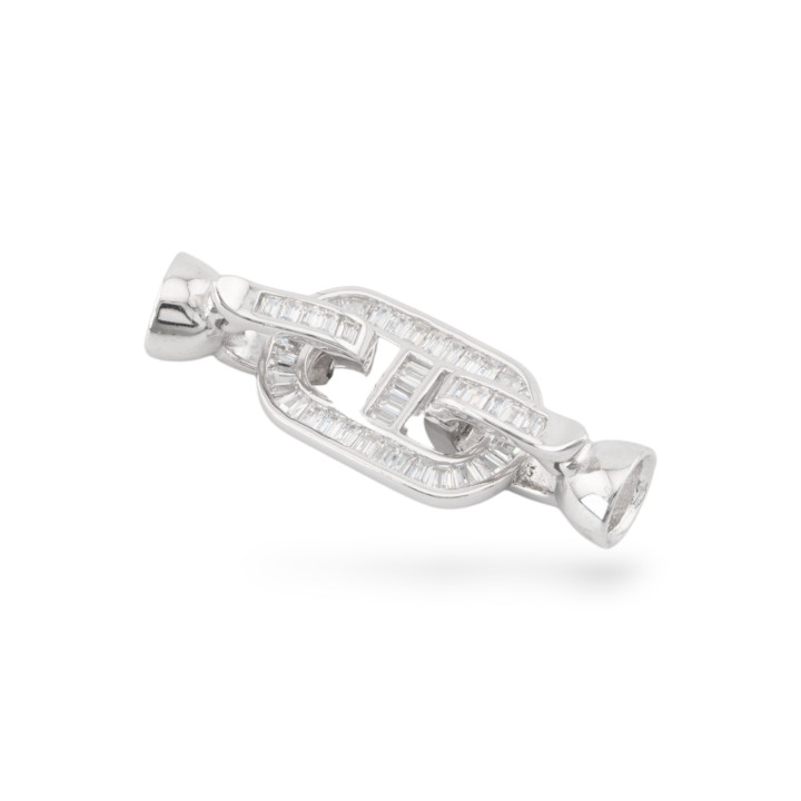 Chiusura A Scatto Di Argento 925 Con Zirconi 10x30mm Con Coppette Da 6mm 1pz Rodiato