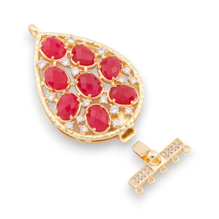 Chiusura Di Bronzo Con Perline Incastonate Goccia 30x52mm A 5 File 2pz Dorato Giada Ruby