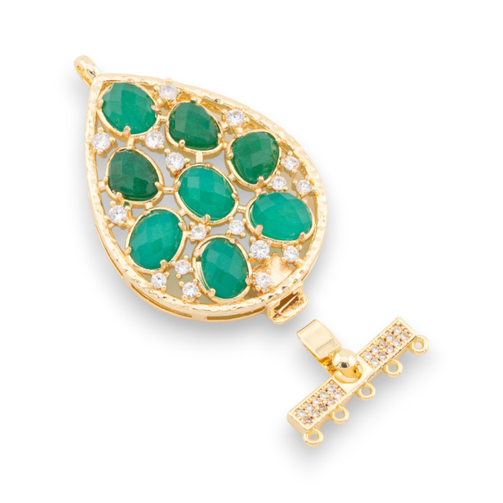 Bronze-Verschluss mit Tropfen-Set Perlen 30 x 52 mm, 5 Reihen, 2 Stück, goldgrüne Jade