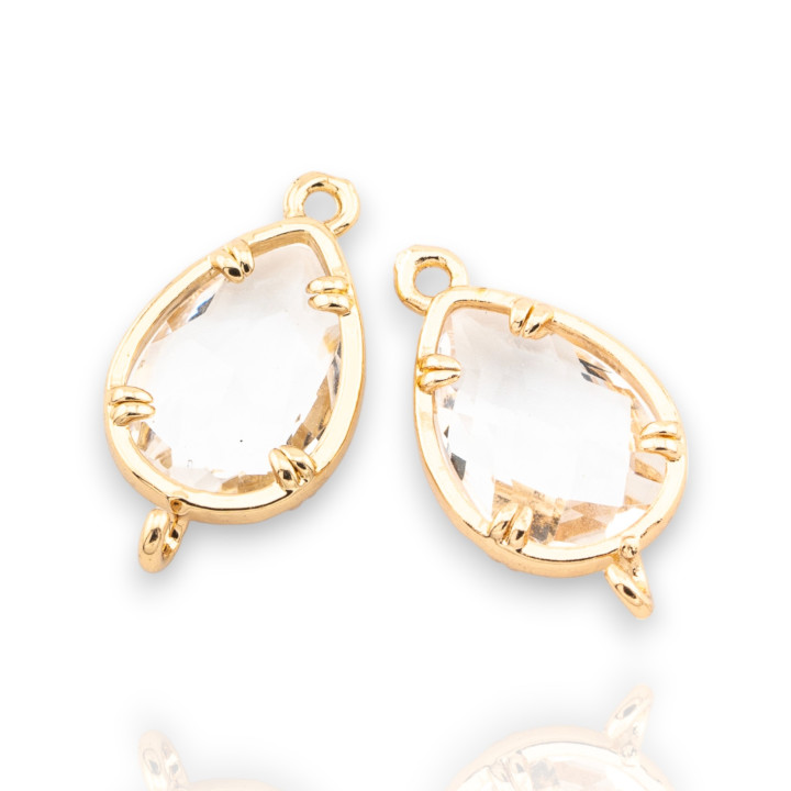 Componente Connettore Di Bronzo Con Cristalli CZ Goccia Sfaccettata 10x19mm 18pz Con 2 Anellini Dorato Bianco