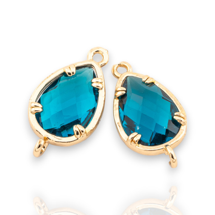 Bronze Connector Component With CZ Crystals Faceted Drop 10x19mm 18pcs With 2 Jump Rings Golden Blue